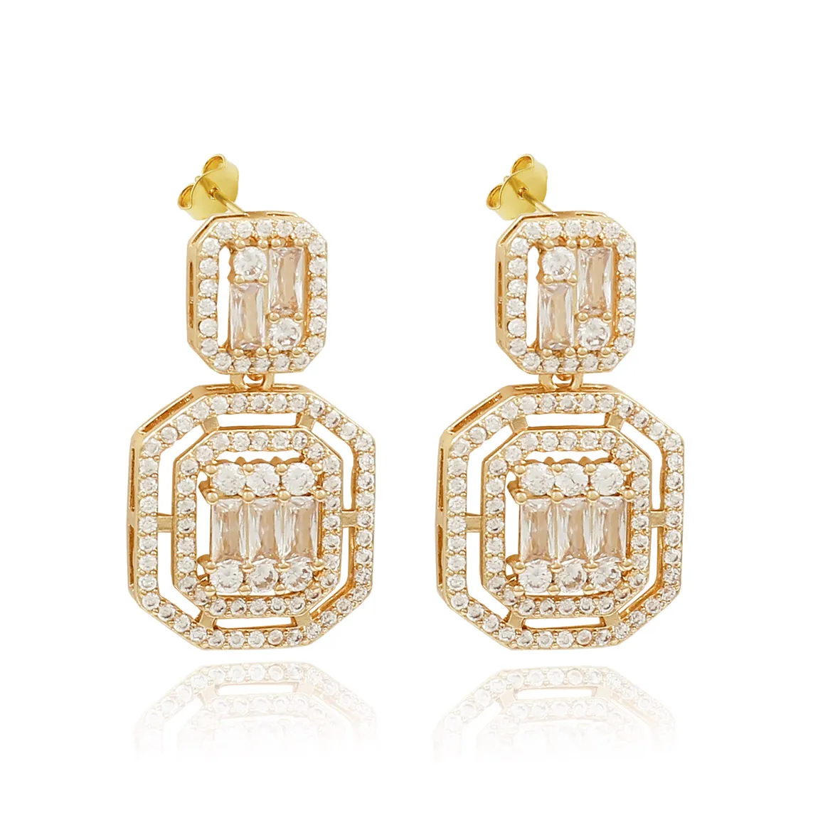 Brinco Pendente Pedra Retangular de Zircônia Folheado Ouro 18K