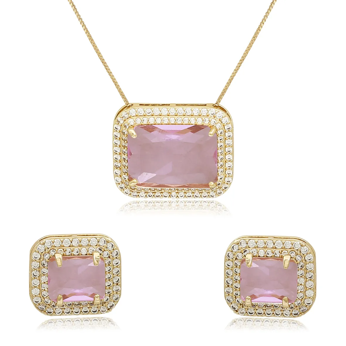 Conjunto Pedra Retangular Cravejado com Zircônias Folheado Ouro 18K